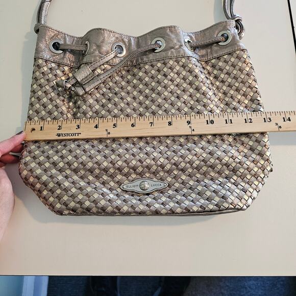 Elliott Lucca Silver Metallic Leather Woven Drawstring Bucket Purse - Picture 9 of 9